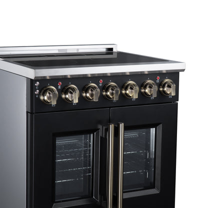 Cuisinière électrique à portes françaises Massimo 30 po, 5 brûleurs radiants, four à vraie convection de 4,32 pi³, kit de friteuse à air, noir - Forno Appliances