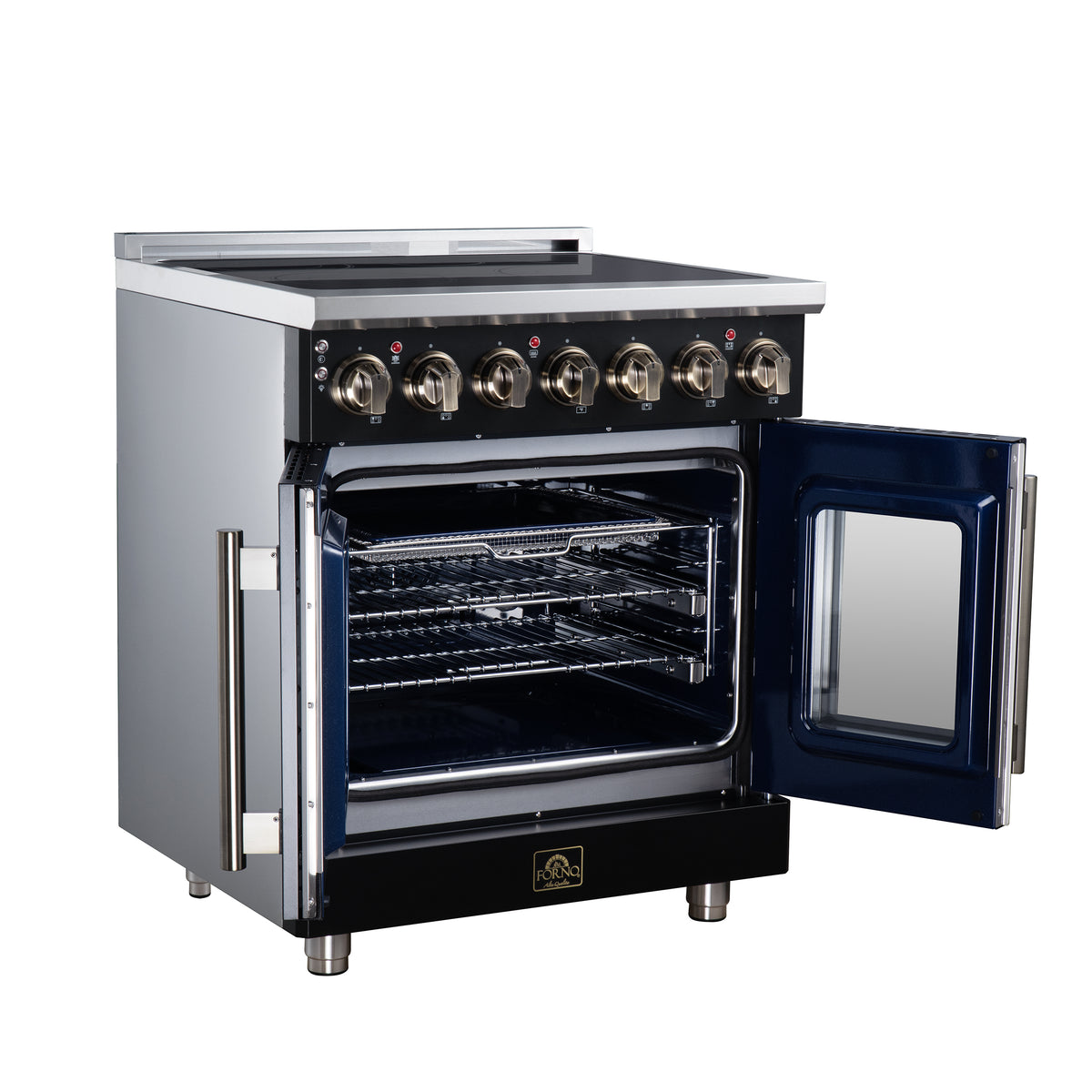 Cuisinière électrique à portes françaises Massimo 30 po, 5 brûleurs radiants, four à vraie convection de 4,32 pi³, kit de friteuse à air, noir - Forno Appliances