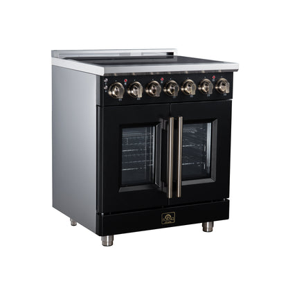 Cuisinière électrique à portes françaises Massimo 30 po, 5 brûleurs radiants, four à vraie convection de 4,32 pi³, kit de friteuse à air, noir - Forno Appliances