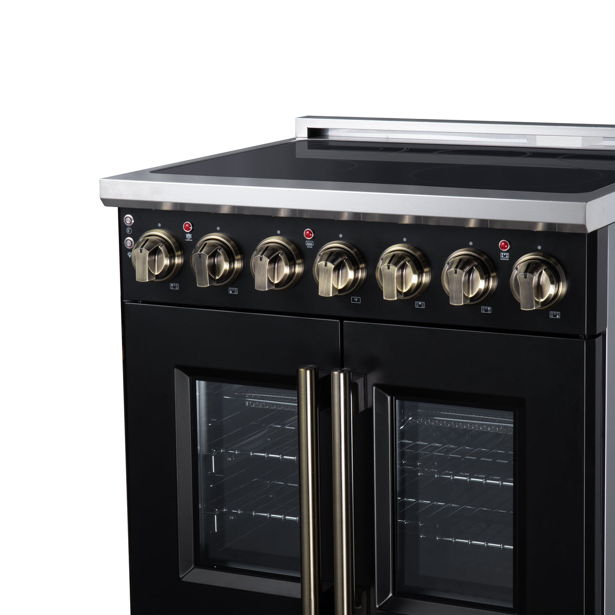 Cuisinière électrique à portes françaises Massimo 30 po, 5 brûleurs radiants, four à vraie convection de 4,32 pi³, kit de friteuse à air, noir - Forno Appliances