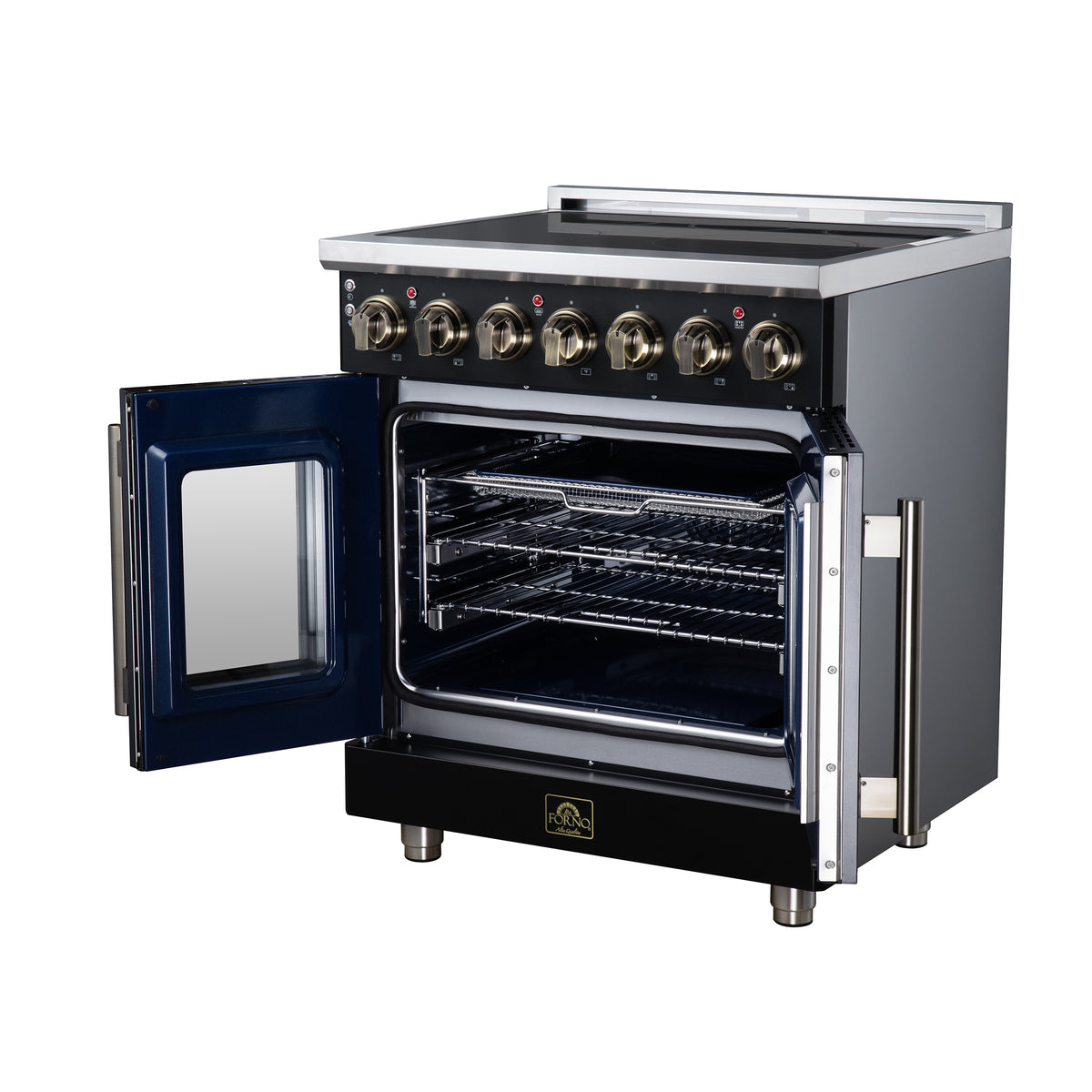 Cuisinière électrique à portes françaises Massimo 30 po, 5 brûleurs radiants, four à vraie convection de 4,32 pi³, kit de friteuse à air, noir - Forno Appliances