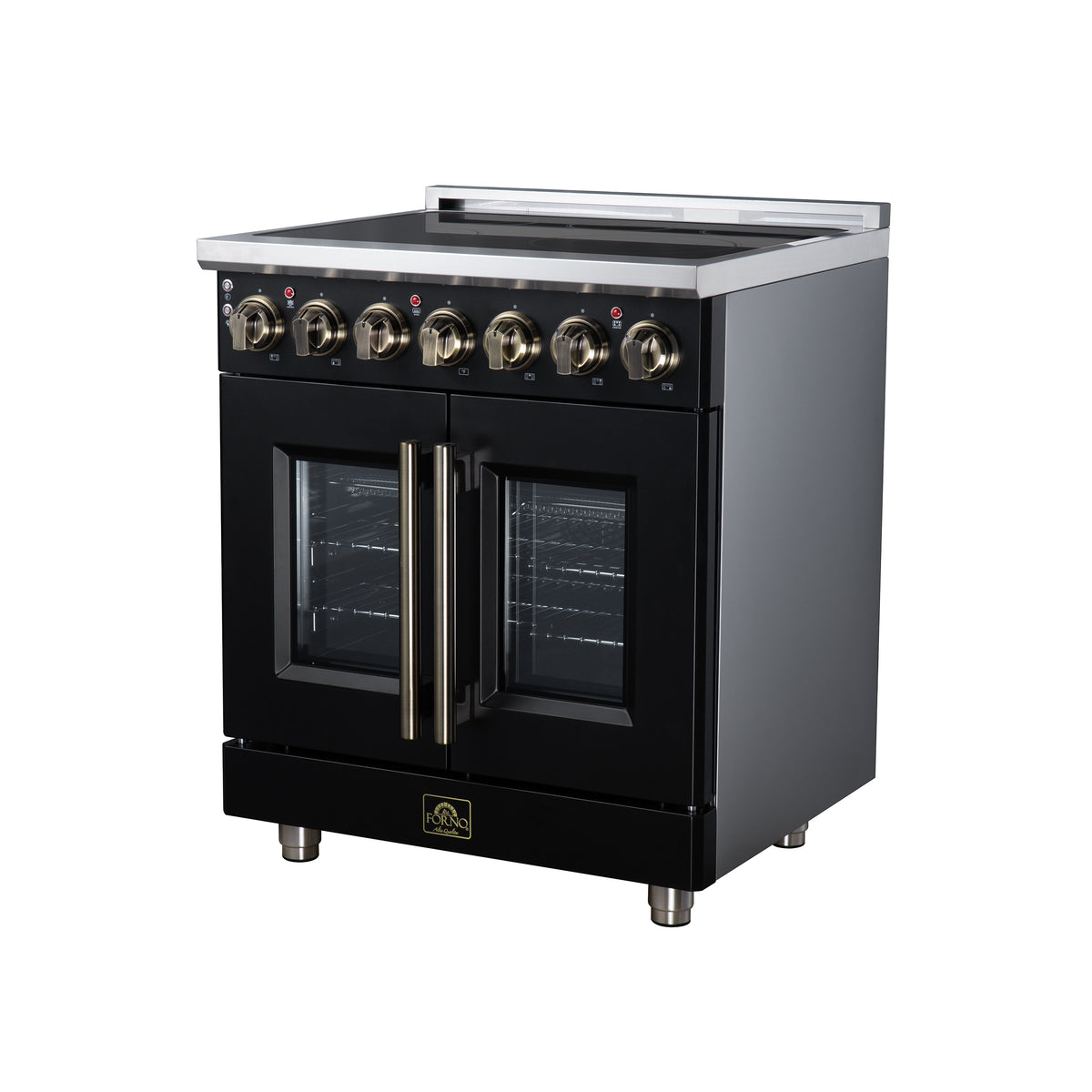 Cuisinière électrique à portes françaises Massimo 30 po, 5 brûleurs radiants, four à vraie convection de 4,32 pi³, kit de friteuse à air, noir - Forno Appliances