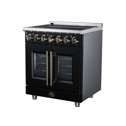 Cuisinière électrique à portes françaises Massimo 30 po, 5 brûleurs radiants, four à vraie convection de 4,32 pi³, kit de friteuse à air, noir - Forno Appliances
