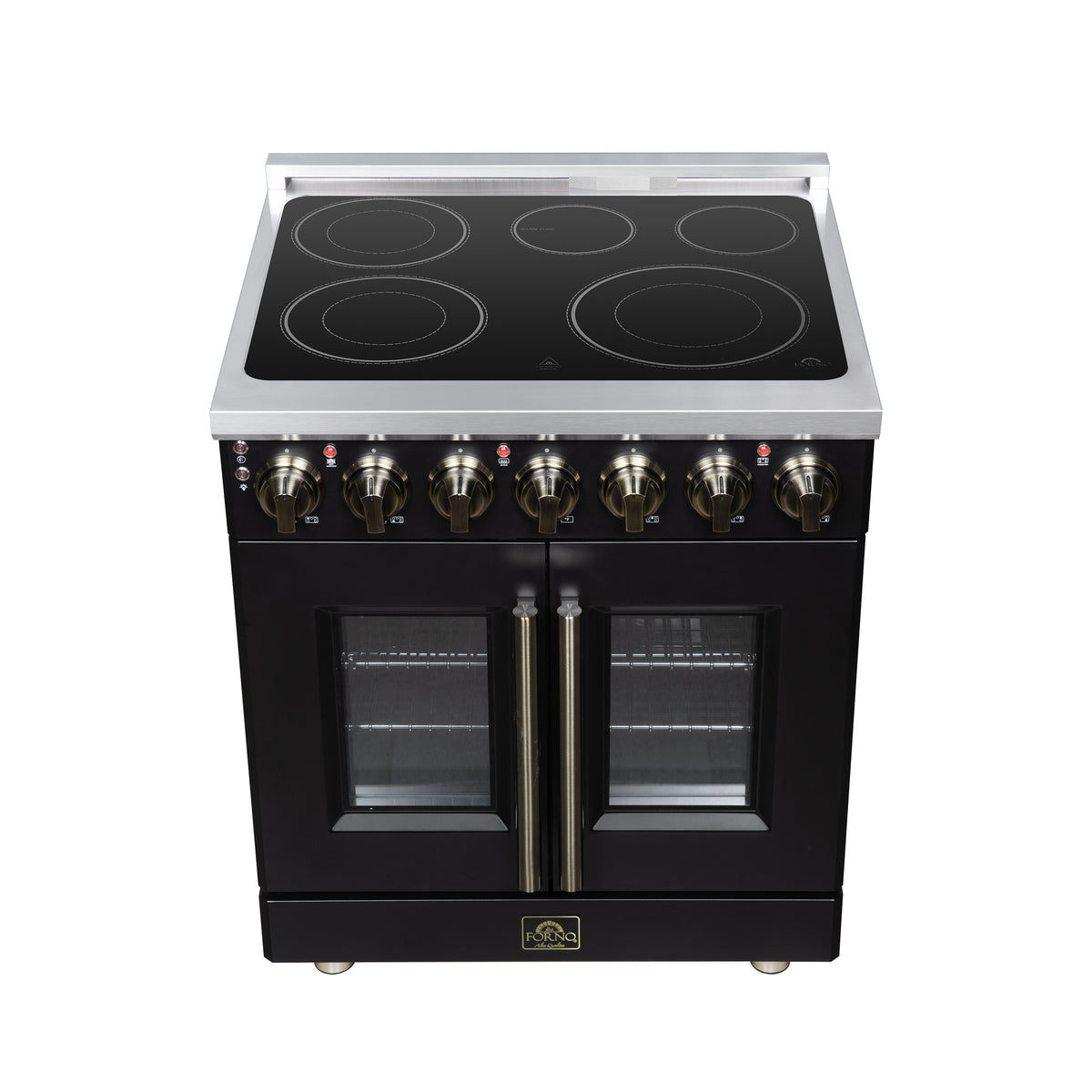 Cuisinière électrique à portes françaises Massimo 30 po, 5 brûleurs radiants, four à vraie convection de 4,32 pi³, kit de friteuse à air, noir - Forno Appliances