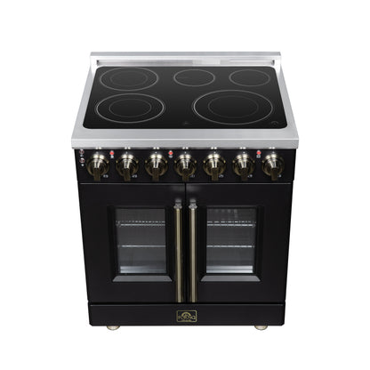 Cuisinière électrique à portes françaises Massimo 30 po, 5 brûleurs radiants, four à vraie convection de 4,32 pi³, kit de friteuse à air, noir - Forno Appliances