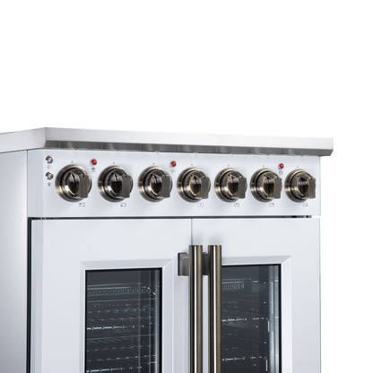 Massimo 30 Inch French Door Electric range, 5 radiant burners, 4.32 cf. True Convection oven, Air fryer kit, White - Forno Appliances