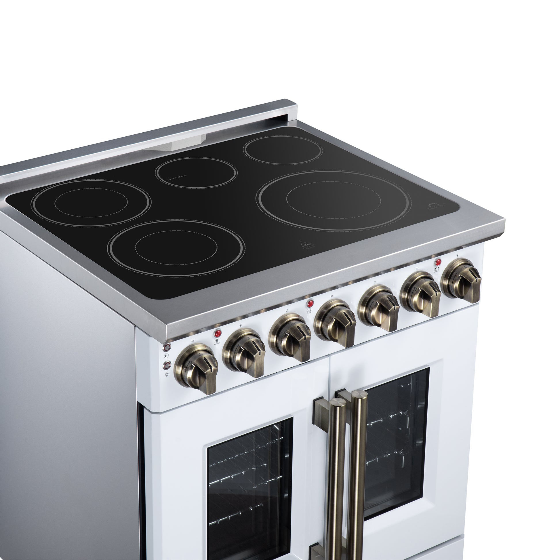 Massimo 30 Inch French Door Electric range, 5 radiant burners, 4.32 cf. True Convection oven, Air fryer kit, White - Forno Appliances
