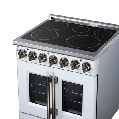 Massimo 30 Inch French Door Electric range, 5 radiant burners, 4.32 cf. True Convection oven, Air fryer kit, White - Forno Appliances