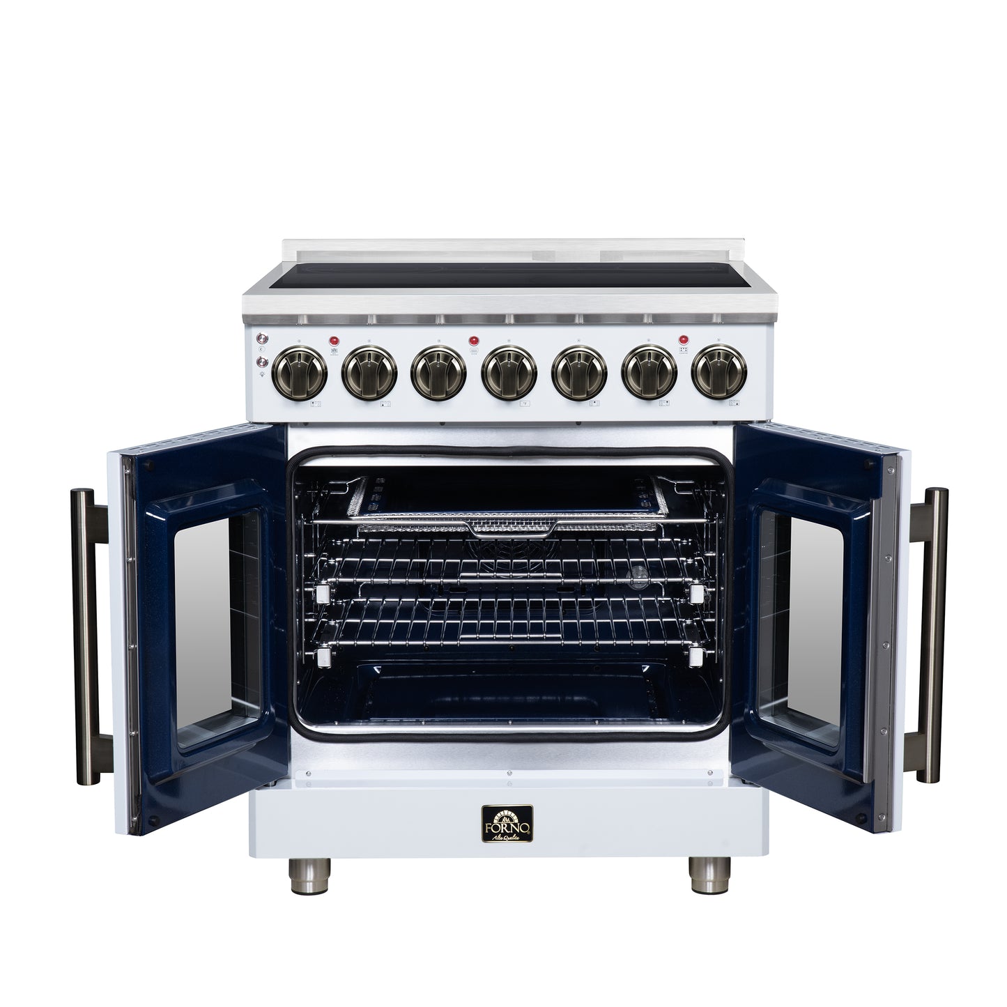 Massimo 30 Inch French Door Electric range, 5 radiant burners, 4.32 cf. True Convection oven, Air fryer kit, White - Forno Appliances