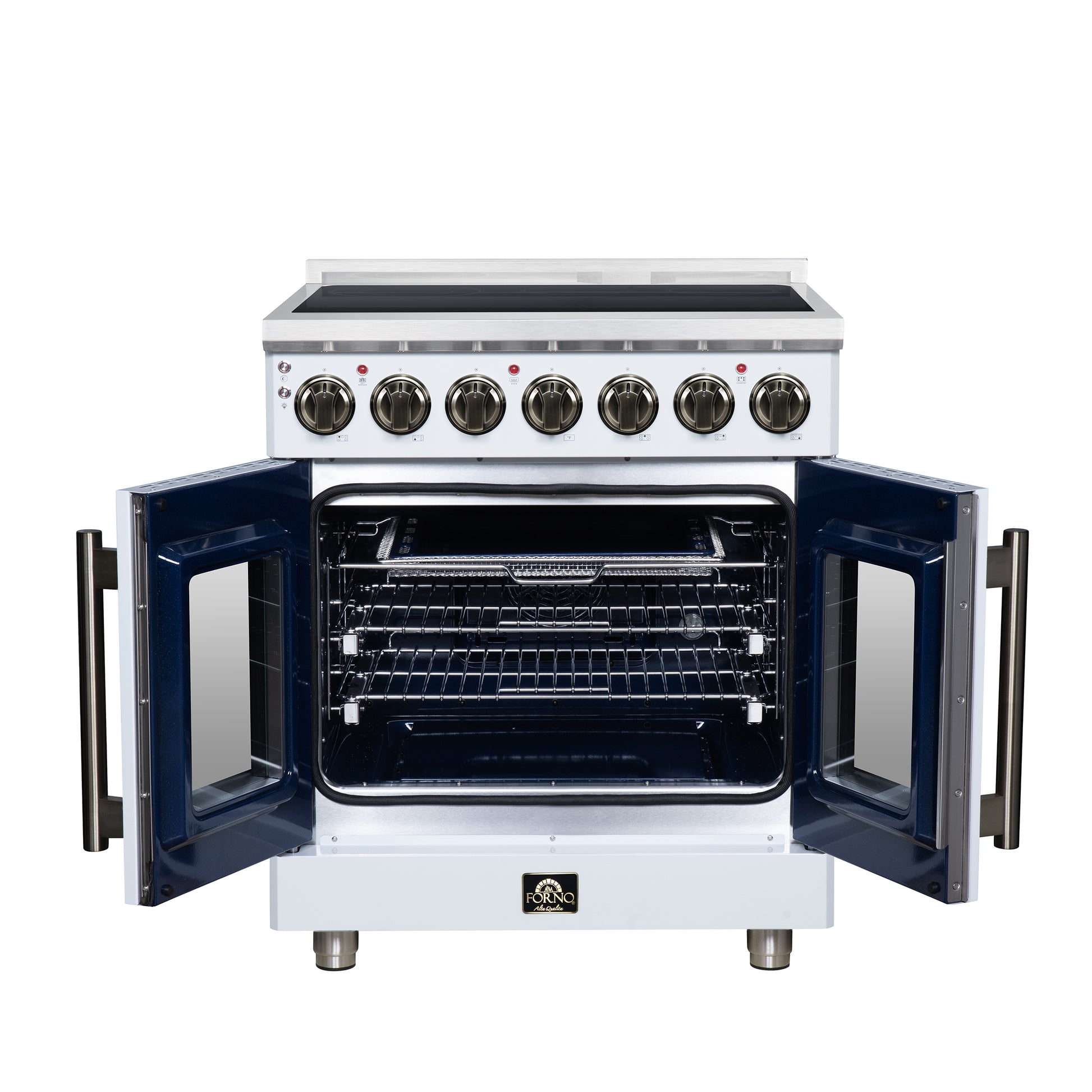 Massimo 30 Inch French Door Electric range, 5 radiant burners, 4.32 cf. True Convection oven, Air fryer kit, White - Forno Appliances