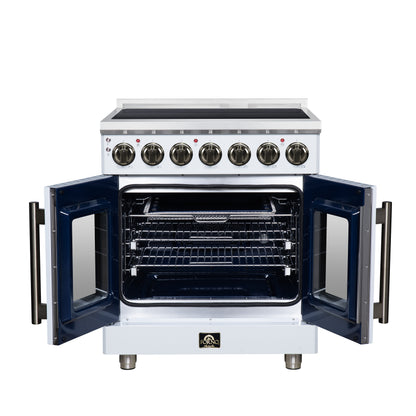 Massimo 30 Inch French Door Electric range, 5 radiant burners, 4.32 cf. True Convection oven, Air fryer kit, White - Forno Appliances