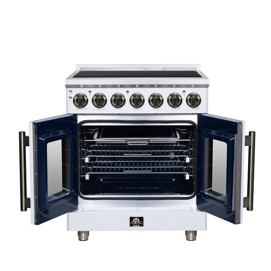 Cuisinière électrique Massimo à porte française de 30 po, 5 brûleurs radiants, four à convection vraie de 4,32 pi³, kit friteuse à air, blanc - Forno Appliances