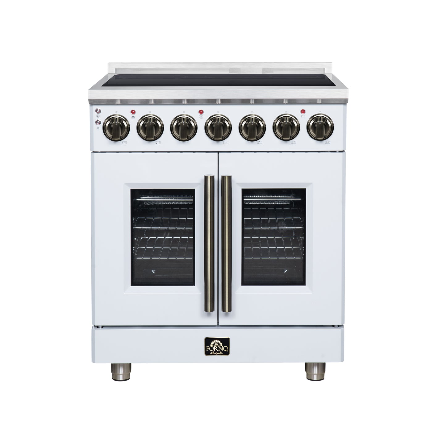 Massimo 30 Inch French Door Electric range, 5 radiant burners, 4.32 cf. True Convection oven, Air fryer kit, White - Forno Appliances