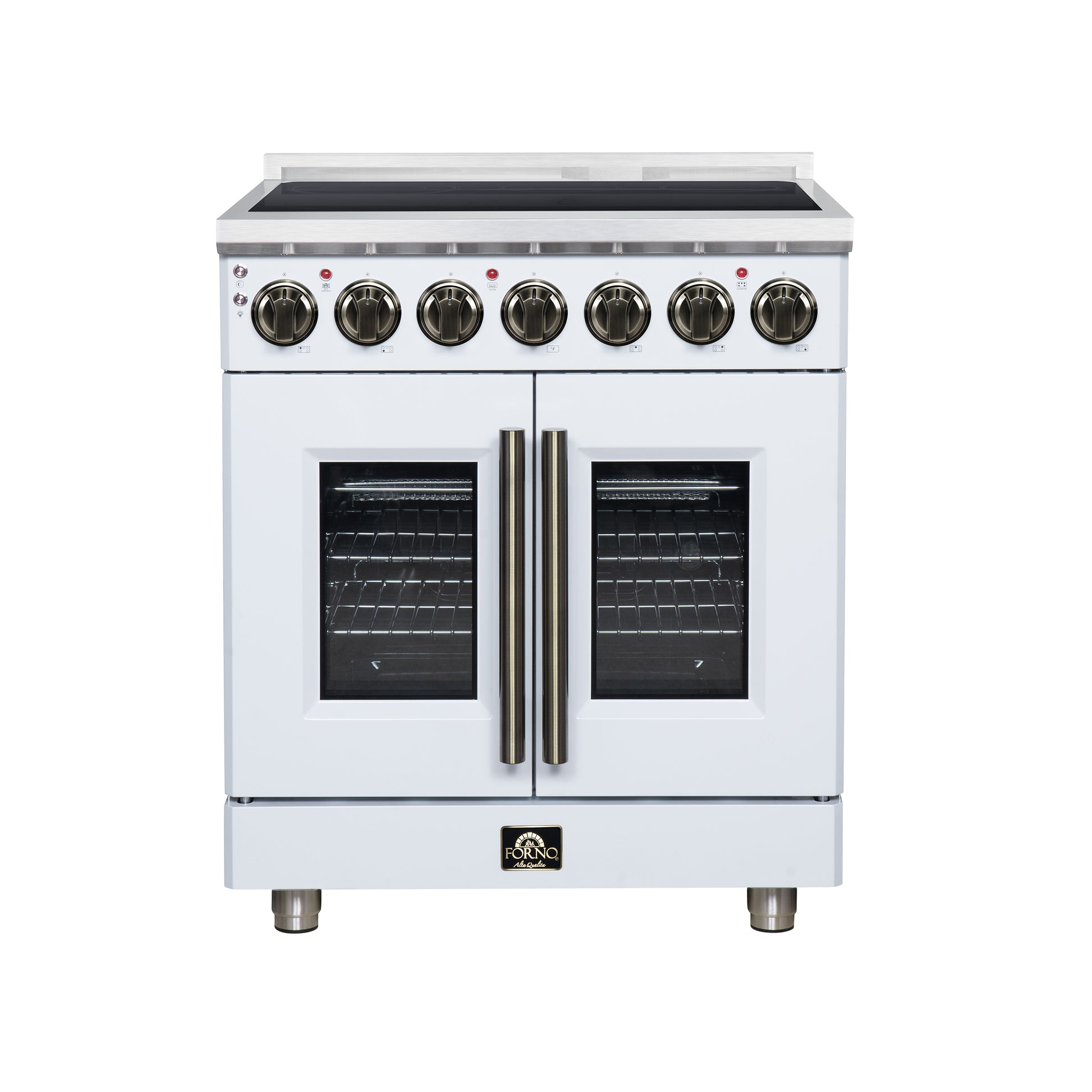 Massimo 30 Inch French Door Electric range, 5 radiant burners, 4.32 cf. True Convection oven, Air fryer kit, White - Forno Appliances