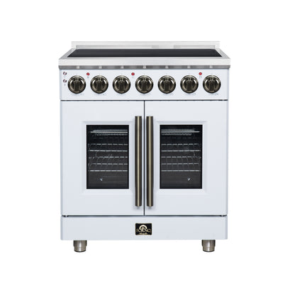 Massimo 30 Inch French Door Electric range, 5 radiant burners, 4.32 cf. True Convection oven, Air fryer kit, White - Forno Appliances