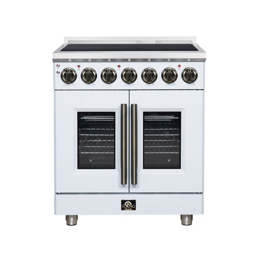 Cuisinière électrique Massimo à porte française de 30 po, 5 brûleurs radiants, four à convection vraie de 4,32 pi³, kit friteuse à air, blanc - Forno Appliances