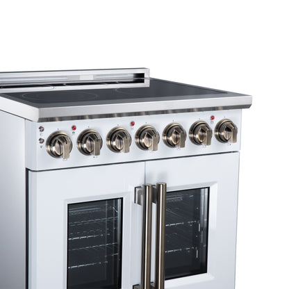 Massimo 30 Inch French Door Electric range, 5 radiant burners, 4.32 cf. True Convection oven, Air fryer kit, White - Forno Appliances