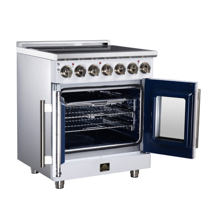 Massimo 30 Inch French Door Electric range, 5 radiant burners, 4.32 cf. True Convection oven, Air fryer kit, White - Forno Appliances