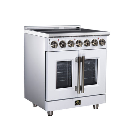 Massimo 30 Inch French Door Electric range, 5 radiant burners, 4.32 cf. True Convection oven, Air fryer kit, White - Forno Appliances