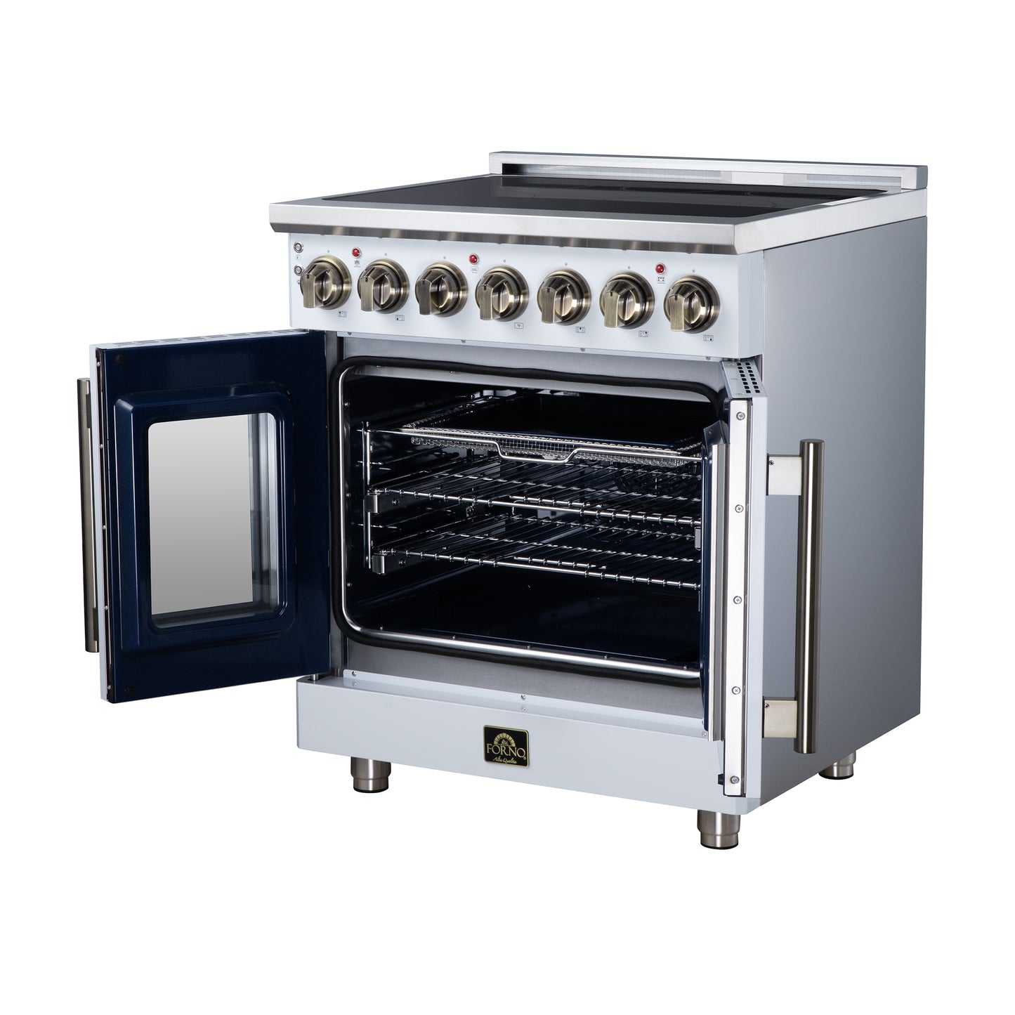 Massimo 30 Inch French Door Electric range, 5 radiant burners, 4.32 cf. True Convection oven, Air fryer kit, White - Forno Appliances