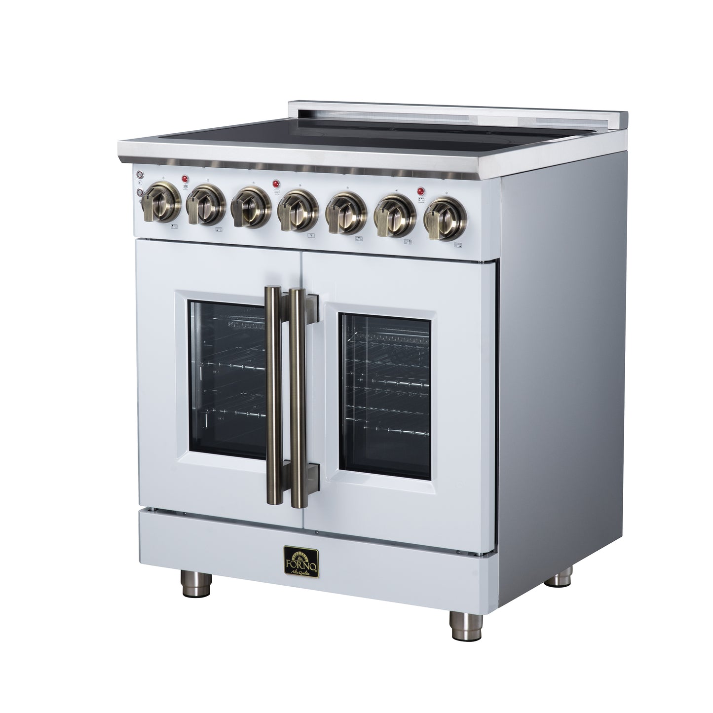Massimo 30 Inch French Door Electric range, 5 radiant burners, 4.32 cf. True Convection oven, Air fryer kit, White - Forno Appliances
