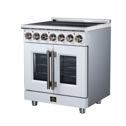 Massimo 30 Inch French Door Electric range, 5 radiant burners, 4.32 cf. True Convection oven, Air fryer kit, White - Forno Appliances