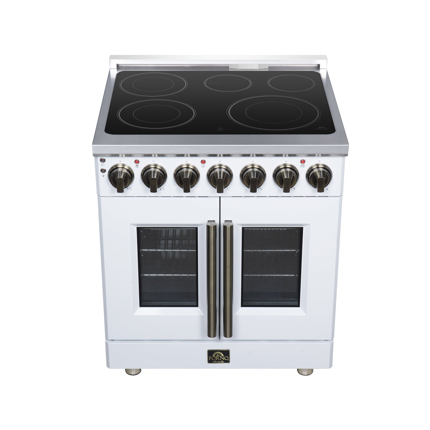 Massimo 30 Inch French Door Electric range, 5 radiant burners, 4.32 cf. True Convection oven, Air fryer kit, White - Forno Appliances