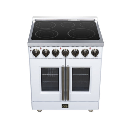 Massimo 30 Inch French Door Electric range, 5 radiant burners, 4.32 cf. True Convection oven, Air fryer kit, White - Forno Appliances