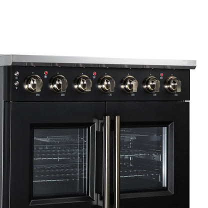 Massimo 36 Inch French Door Electric range, 5 radiant burners, 5.36 cf. True Convection oven, Air fryer kit, Black - Forno Appliances