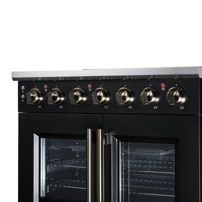 Massimo 36 Inch French Door Electric range, 5 radiant burners, 5.36 cf. True Convection oven, Air fryer kit, Black - Forno Appliances