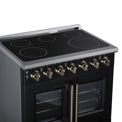 Massimo 36 Inch French Door Electric range, 5 radiant burners, 5.36 cf. True Convection oven, Air fryer kit, Black - Forno Appliances