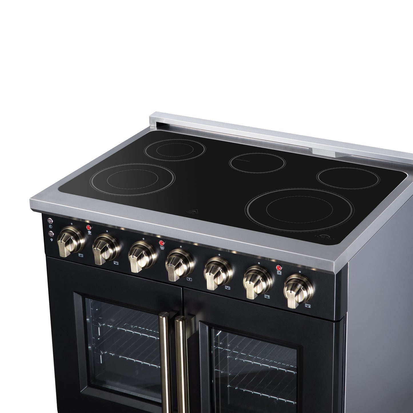 Massimo 36 Inch French Door Electric range, 5 radiant burners, 5.36 cf. True Convection oven, Air fryer kit, Black - Forno Appliances