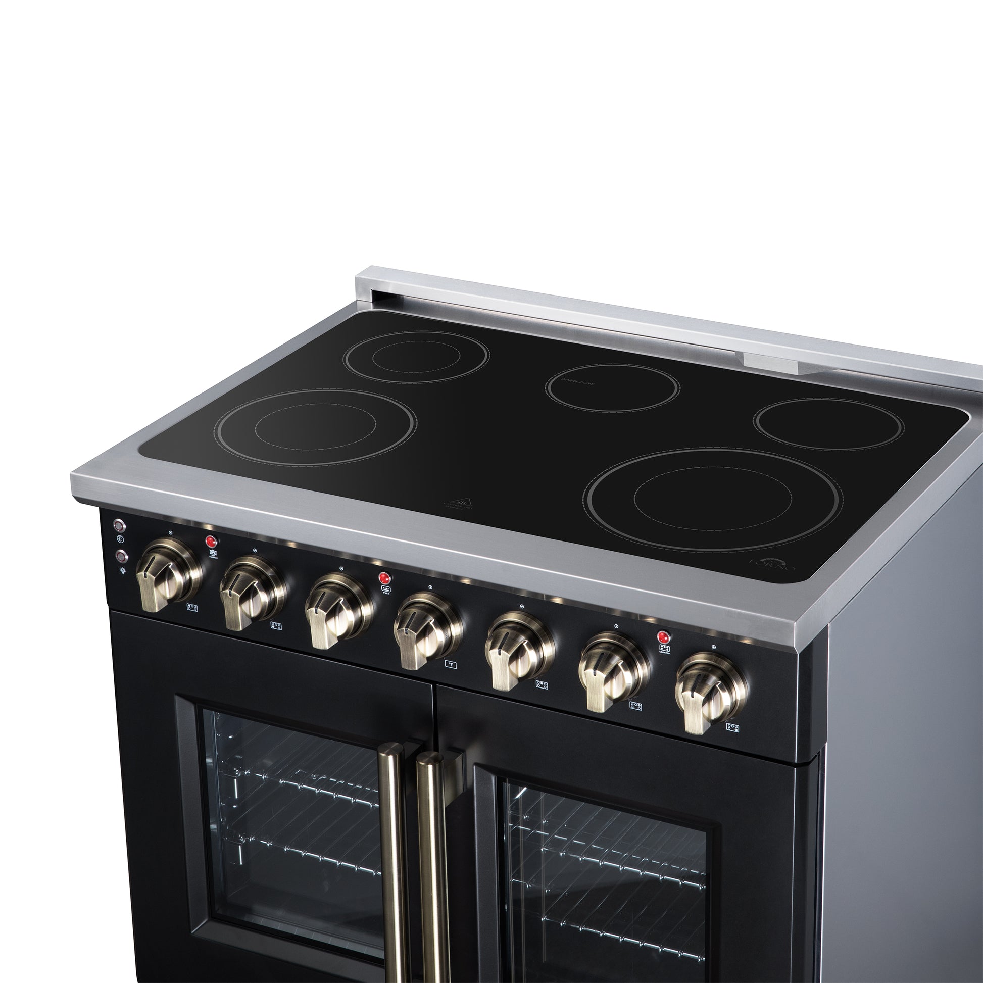 Massimo 36 Inch French Door Electric range, 5 radiant burners, 5.36 cf. True Convection oven, Air fryer kit, Black - Forno Appliances