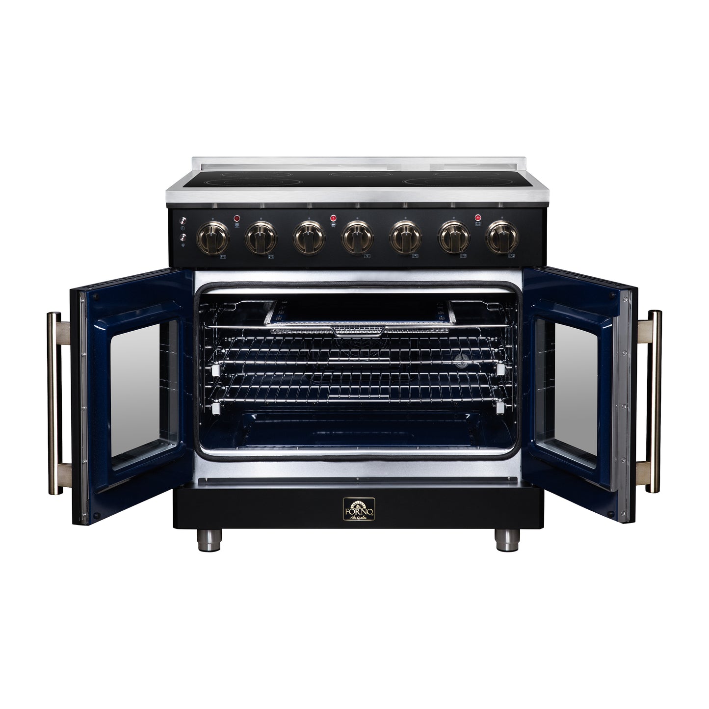 Massimo 36 Inch French Door Electric range, 5 radiant burners, 5.36 cf. True Convection oven, Air fryer kit, Black - Forno Appliances
