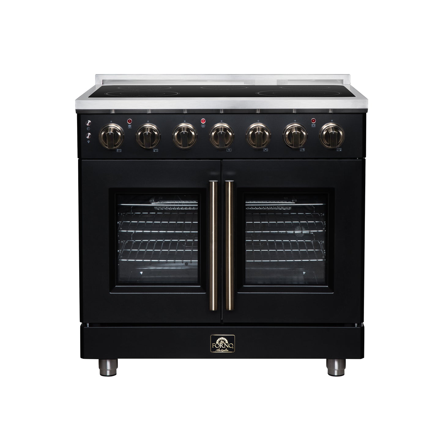 Massimo 36 Inch French Door Electric range, 5 radiant burners, 5.36 cf. True Convection oven, Air fryer kit, Black - Forno Appliances