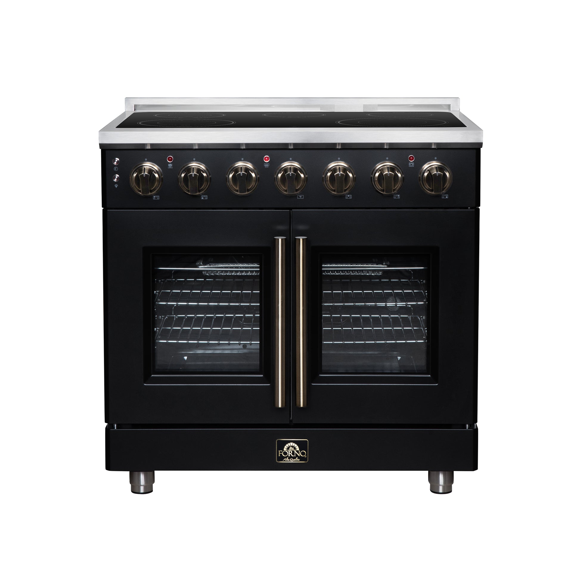 Massimo 36 Inch French Door Electric range, 5 radiant burners, 5.36 cf. True Convection oven, Air fryer kit, Black - Forno Appliances