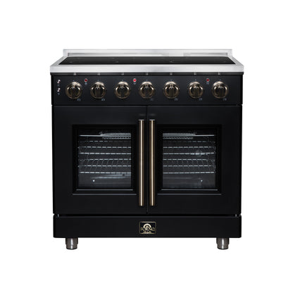 Massimo 36 Inch French Door Electric range, 5 radiant burners, 5.36 cf. True Convection oven, Air fryer kit, Black - Forno Appliances