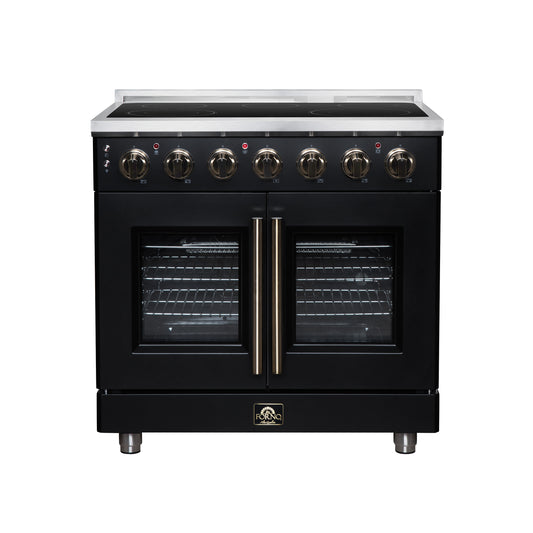 Massimo 36 Inch French Door Electric range, 5 radiant burners, 5.36 cf. True Convection oven, Air fryer kit, Black - Forno Appliances