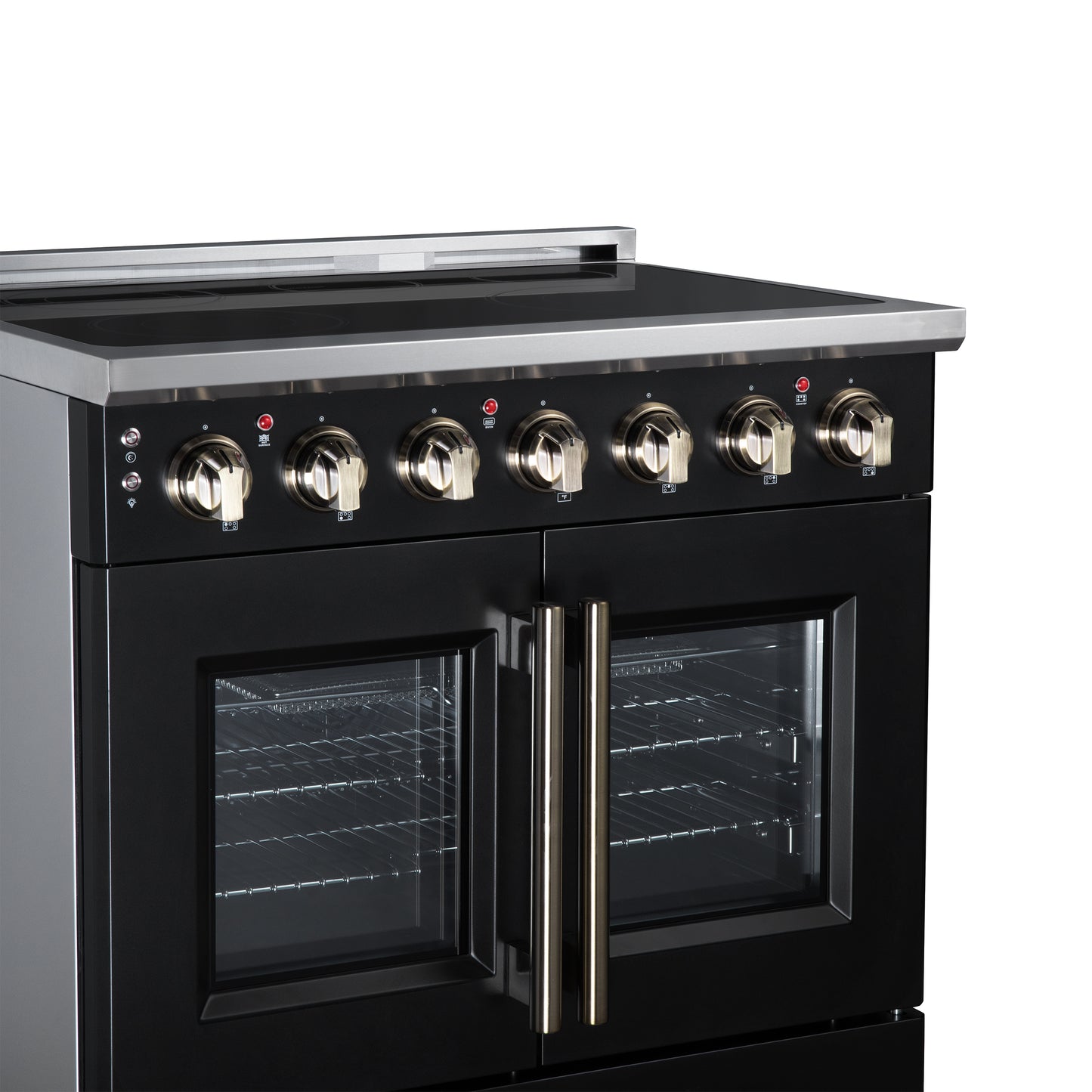 Massimo 36 Inch French Door Electric range, 5 radiant burners, 5.36 cf. True Convection oven, Air fryer kit, Black - Forno Appliances