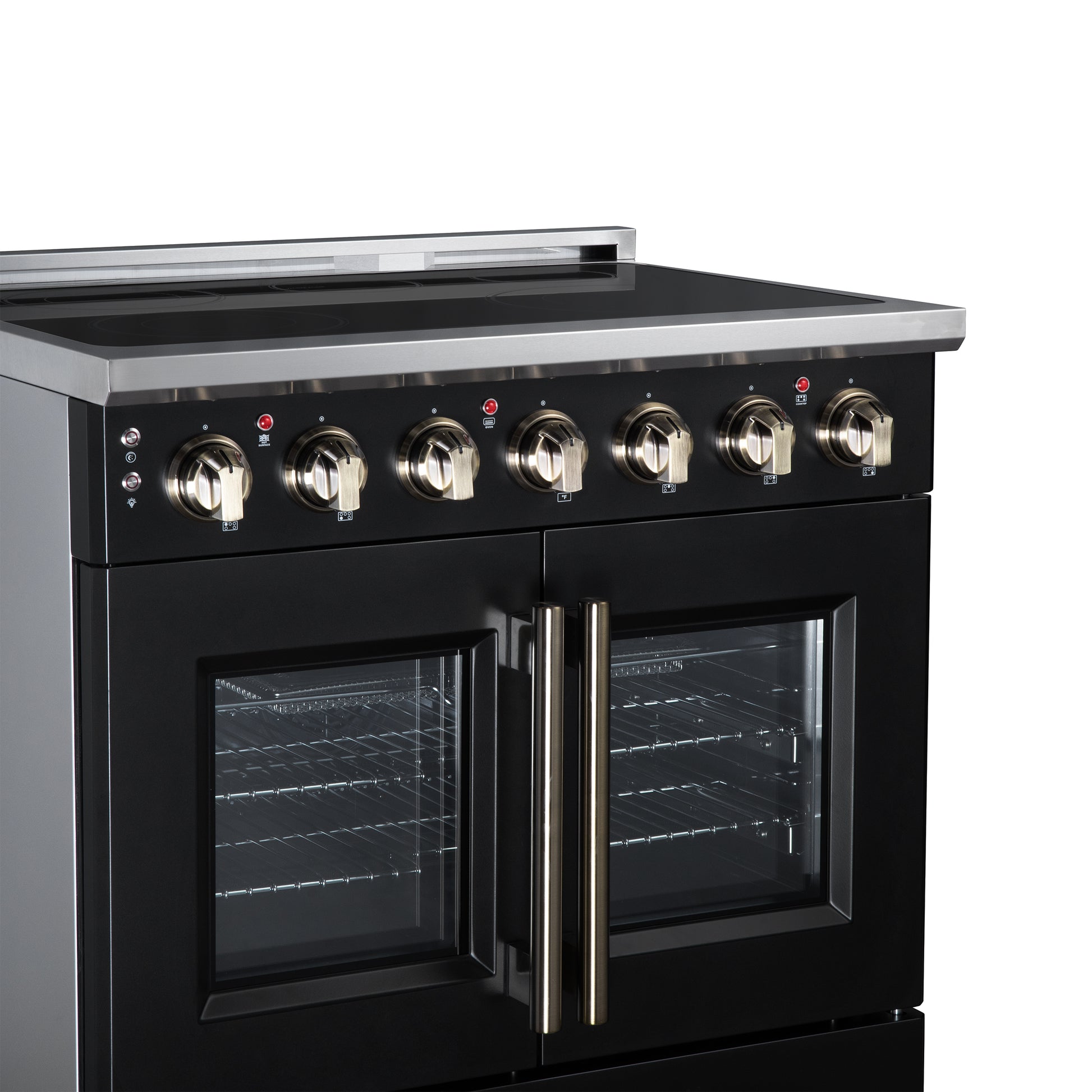 Massimo 36 Inch French Door Electric range, 5 radiant burners, 5.36 cf. True Convection oven, Air fryer kit, Black - Forno Appliances