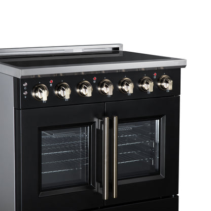 Massimo 36 Inch French Door Electric range, 5 radiant burners, 5.36 cf. True Convection oven, Air fryer kit, Black - Forno Appliances