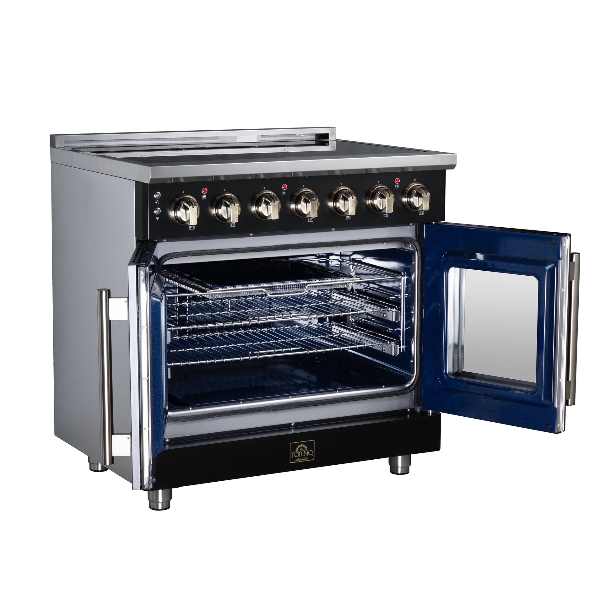 Massimo 36 Inch French Door Electric range, 5 radiant burners, 5.36 cf. True Convection oven, Air fryer kit, Black - Forno Appliances
