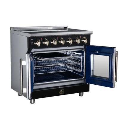 Massimo 36 Inch French Door Electric range, 5 radiant burners, 5.36 cf. True Convection oven, Air fryer kit, Black - Forno Appliances
