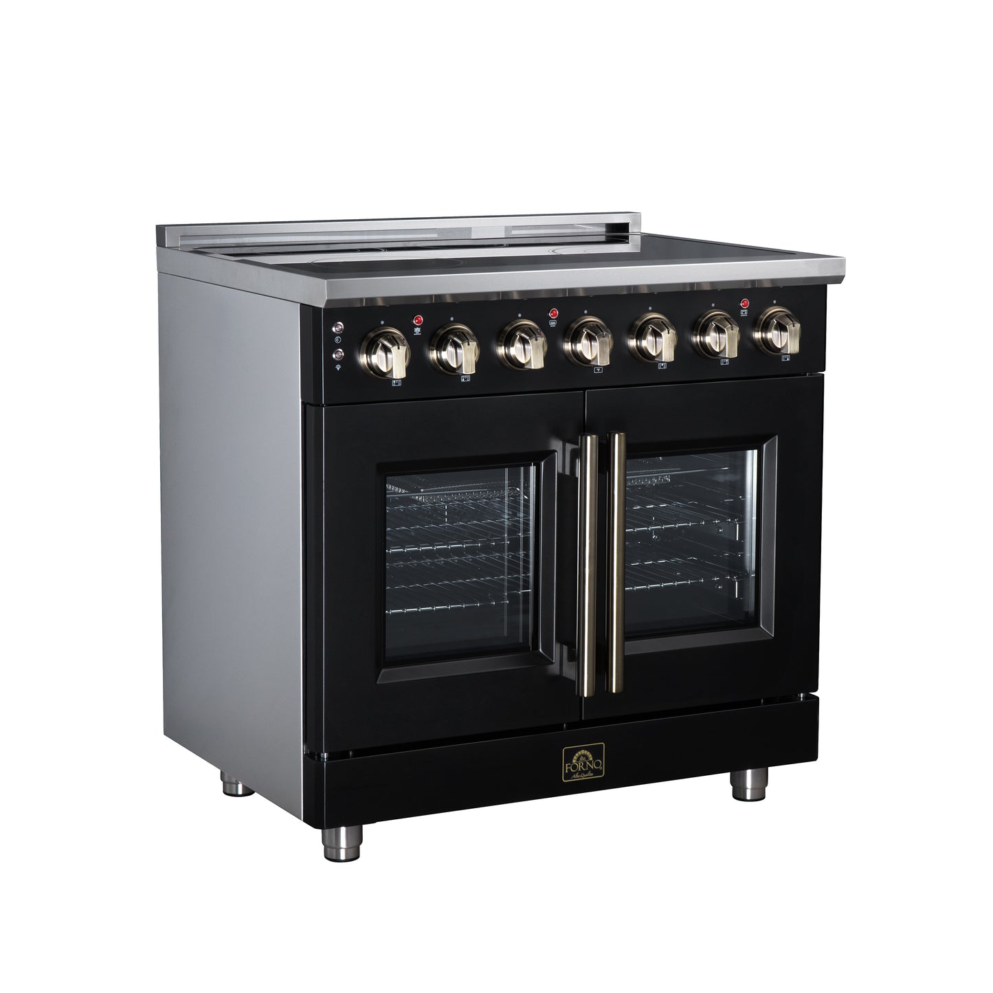 Massimo 36 Inch French Door Electric range, 5 radiant burners, 5.36 cf. True Convection oven, Air fryer kit, Black - Forno Appliances