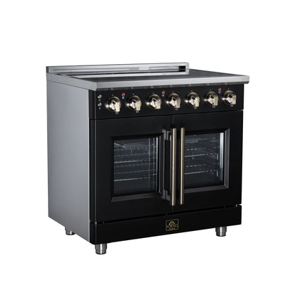 Massimo 36 Inch French Door Electric range, 5 radiant burners, 5.36 cf. True Convection oven, Air fryer kit, Black - Forno Appliances