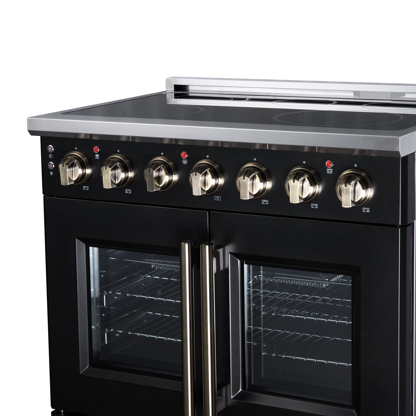 Massimo 36 Inch French Door Electric range, 5 radiant burners, 5.36 cf. True Convection oven, Air fryer kit, Black - Forno Appliances