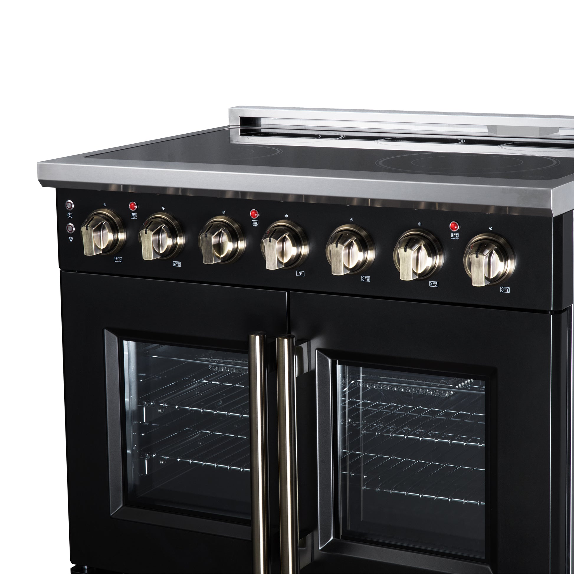 Massimo 36 Inch French Door Electric range, 5 radiant burners, 5.36 cf. True Convection oven, Air fryer kit, Black - Forno Appliances