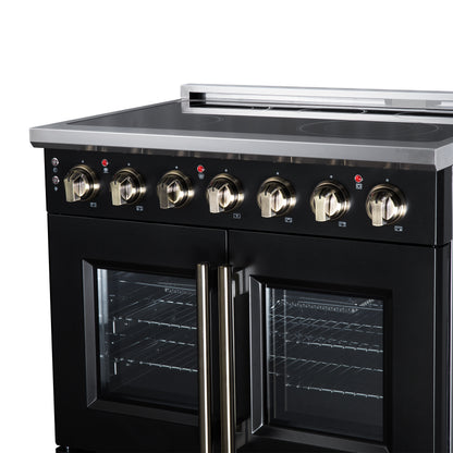 Massimo 36 Inch French Door Electric range, 5 radiant burners, 5.36 cf. True Convection oven, Air fryer kit, Black - Forno Appliances