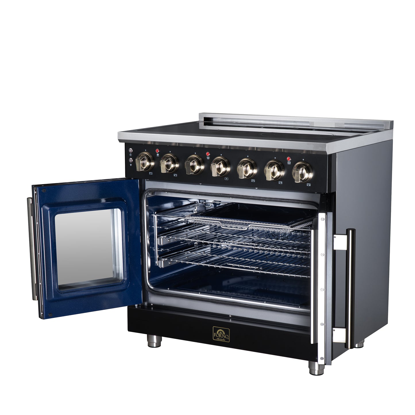 Massimo 36 Inch French Door Electric range, 5 radiant burners, 5.36 cf. True Convection oven, Air fryer kit, Black - Forno Appliances