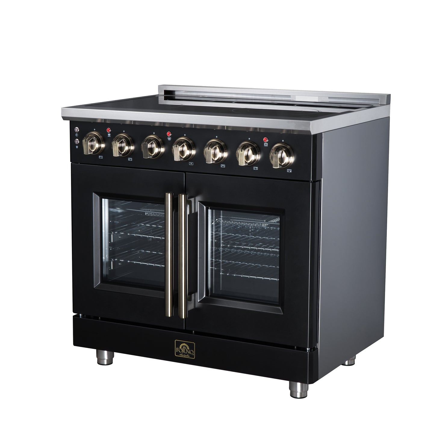Massimo 36 Inch French Door Electric range, 5 radiant burners, 5.36 cf. True Convection oven, Air fryer kit, Black - Forno Appliances